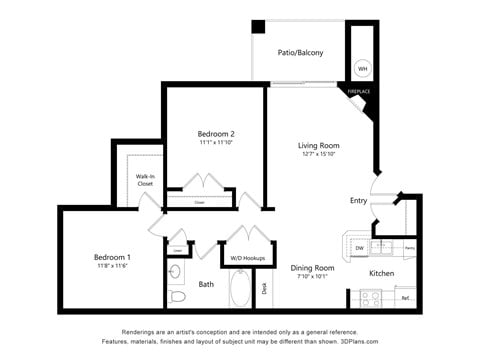 Floor plan for 2 beds, 1 bath, 950 sqft